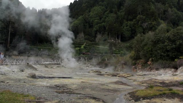 Steam rising from geothermal hot springs in Furnas, Azores