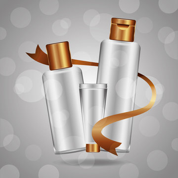 cosmetics makeup bottles tuve cream on gray background blur vector illustration