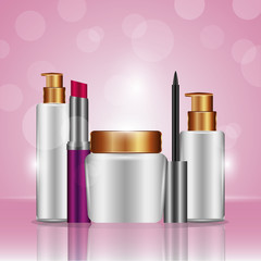 cosmetics makeup mascara spray oil care lipstick pink degraded background vector illustration
