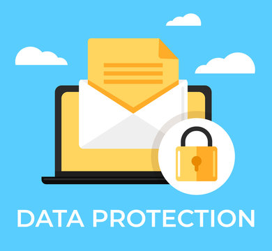 Laptop with envelop online email text under protection red shield lock. Data protection secure privacy information access icon concept. Vector flat cartoon isolated graphic design illustration