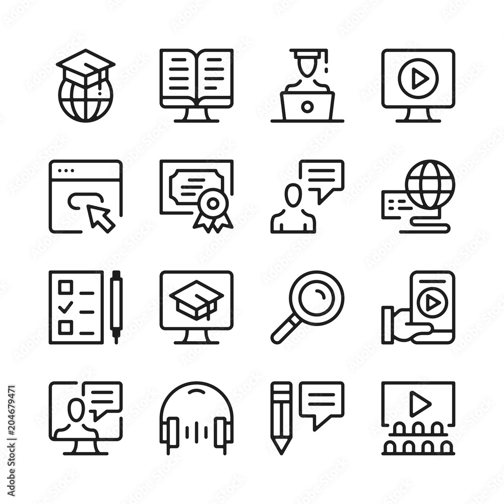 Poster online learning line icons set. modern graphic design concepts, simple outline elements collection. 