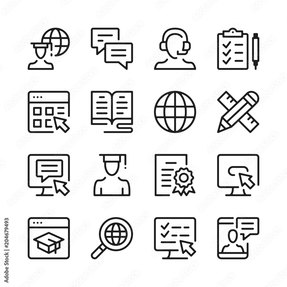 Poster e-learning line icons set. modern graphic design concepts, simple outline elements collection. vecto