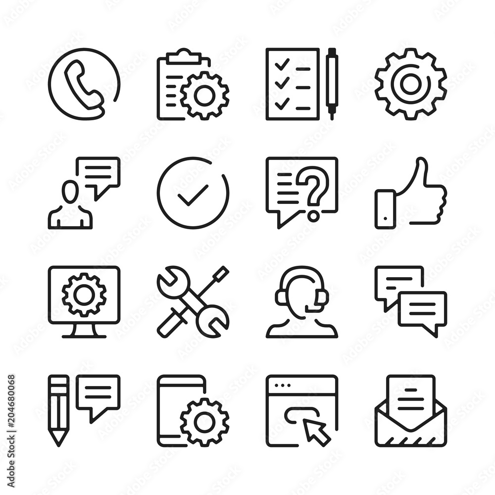 Poster customer support line icons set. modern graphic design concepts, simple outline elements collection.