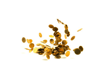 Falling gold coins money isolated on the white background, business money and finance concept.