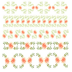 decor of a border line of peach delicate roses with green leaves loach garden beautiful light pattern isolated on white background