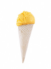 Mango ice cream scoop with cone isolated on white background