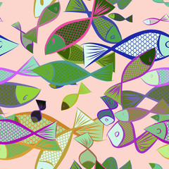 Seamless fish illustrations background abstract, hand drawn. Wild, style, repeat & drawing.