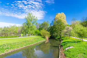 Lyna river in central park in Olsztyn.