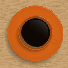 Realistic illustration of an orange porcelain cup of coffee on a wooden table