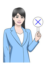 ビジネス　アジア　女性　スーツ　水色　バツ　笑顔