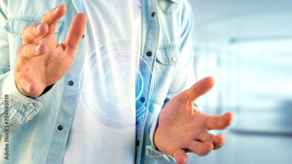 Poster businessman holding a shinny technologic network contact button - 3d render