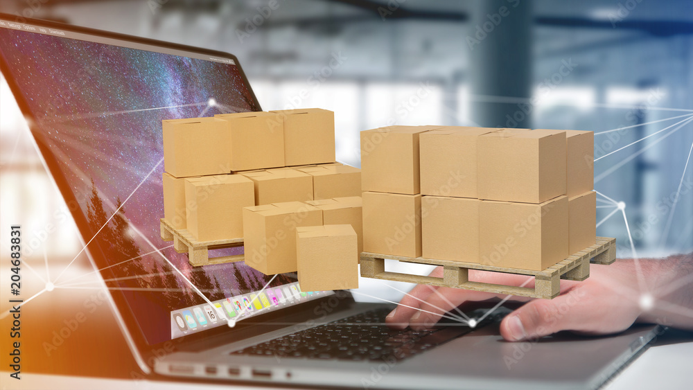 Aufkleber pallet of carboxes with network connection system - 3d render
