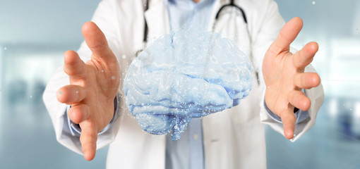 Doctor holding a 3d rendering artificial brain - obrazy, fototapety, plakaty