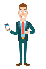 Businessman holding mobile phone and showing thumb up