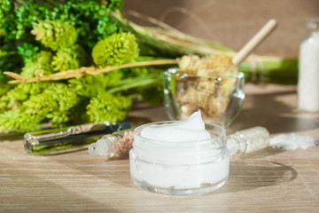 CREAM ON THE BACKGROUND OF GREEN PLANTS ESSENTIAL OILS AND NATURAL INGREDIENTS. THE CONCEPT OF NATURAL COSMETICS