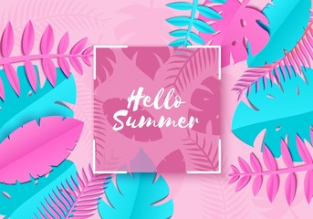 Summer Tropical palm leaves, plants in trandy paper cut style. White square frame on exotic blue pink leaves on yellow sunny background Hawaiian summer. Square glass lable. Vector card illustration.