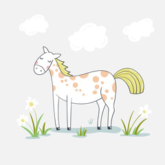 Cute cartoon horse on flower meadow.