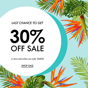 Summer Sale Tropical Banner. Seasonal Promotion with Exotic Flowers and Palm Leaves. Floral Discount Template Design for Poster, Flyer, Gift Certificate. Vector illustration
