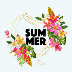 Hello Summer Floral Poster with Golden Frame. Tropical Exotic Flowers Design for Sale Banner, Flyer, Brochure, Fabric Print. Summertime Watercolor Background. Vector illustration