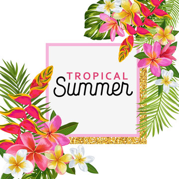 Hello Summer Floral Poster with Golden Frame. Tropical Exotic Flowers Design for Sale Banner, Flyer, Brochure, Fabric Print. Summertime Watercolor Background. Vector illustration