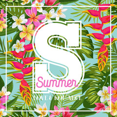 Hello Summer Floral Poster. Tropical Exotic Flowers Design for Banner, Flyer, Brochure, Fabric Print. Summertime Watercolor Background. Vector illustration