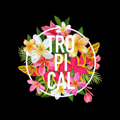 Tropical Floral Design for T-shirt, Fabric Print. Exotic Flowers Poster, Background, Banner. Beach Vacation Tropic Graphic. Vector illustration