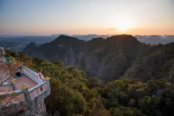 Fototapeta na wymiar Spectacular look at the Krabi province from Tiger Cave Monastery at the sunset, Thailand
