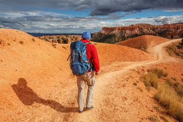 Hiker visits Bryce canyon National park in Utah, USA
