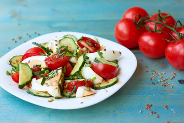 Vegetable salad with egg and a branch of tomatoes on a blue wooden background.