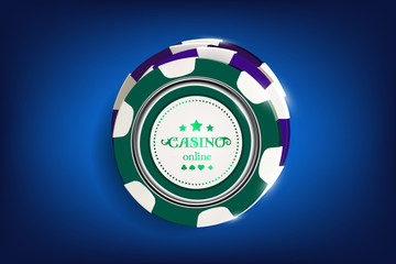 Top view of Casino black and white chips on blue background. Online casino chip game on blue table gambling 3d vector concept