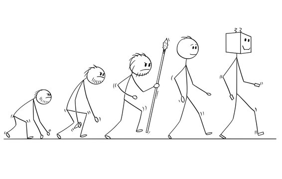 Cartoon stick man drawing conceptual illustration of human evolution process progress. Modern human successor is artificial intelligence robot or ai.
