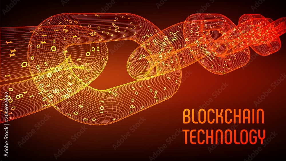 Poster block chain. crypto currency. blockchain concept. 3d wireframe chain with digital code. editable cry