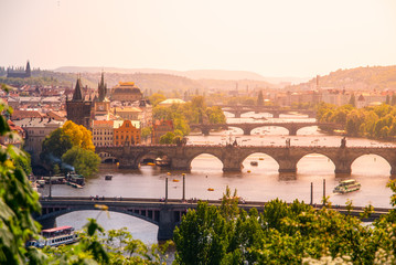 Bridges of Prague over Vltava River on sunny summer day. Scenic view from Letna. Prague, Czech...