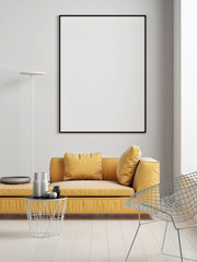 Mock up poster with yellow sofa,Scandinavian living room, 3d render, 3d illustration