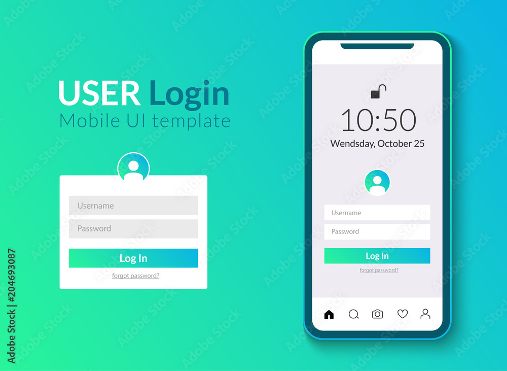 Poster user login interface smartphone template. mobile phone login ui clean design. vector account sign ap