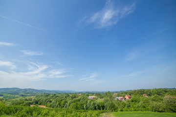 Landscape rear populated village surrounded with thick forest on sunny day.