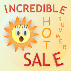 Vector illustration, surprised orange sun with eyes in paper cut style, banner with text 