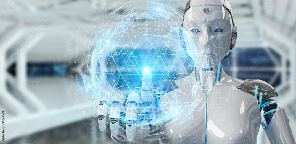 Poster white robot woman using digital sphere connection hologram 3d rendering