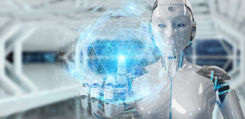 White robot woman using digital sphere connection hologram 3D rendering