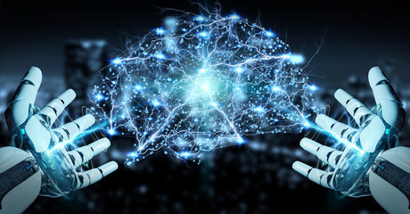 White humanoid hanid creating artificial intelligence 3D rendering