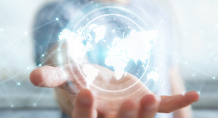 Businessman using digital world map interface 3D rendering