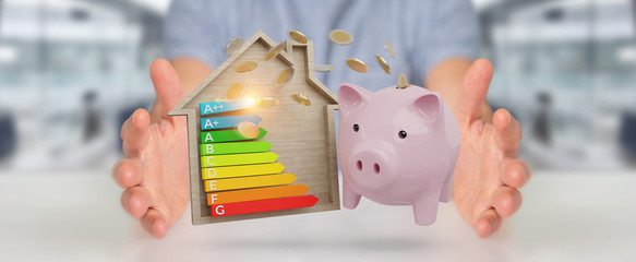 Businessman saving money with good energy chart rating 3D rendering