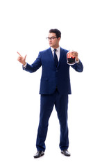 Businessman with blood bag isolated on white