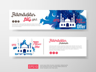 Ramadan sale offer banner set design. Promotion poster, voucher, discount, label, greeting card of Ramadan Kareem and Eid Mubarak celebration. blue watercolor background vector illustration