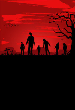 Halloween poster, Silhouette of zombies walking at graveyard, Vector Illustration