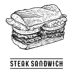 Hand Drawn Steak Sandwich, Vector Illustration