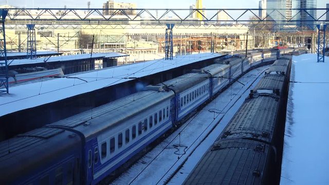 Kiev railway station.	Departure of trains.