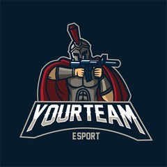spartan holding and aiming riffle esport gaming mascot logo template © Oka