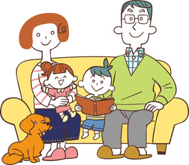 家族がソファーに座っているイラスト
