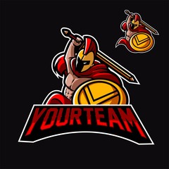 spartan holding sword and shield esport gaming mascot logo template